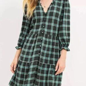 Loft Plaid Swing Dress Pine Green & White Plaid Petite Size Small